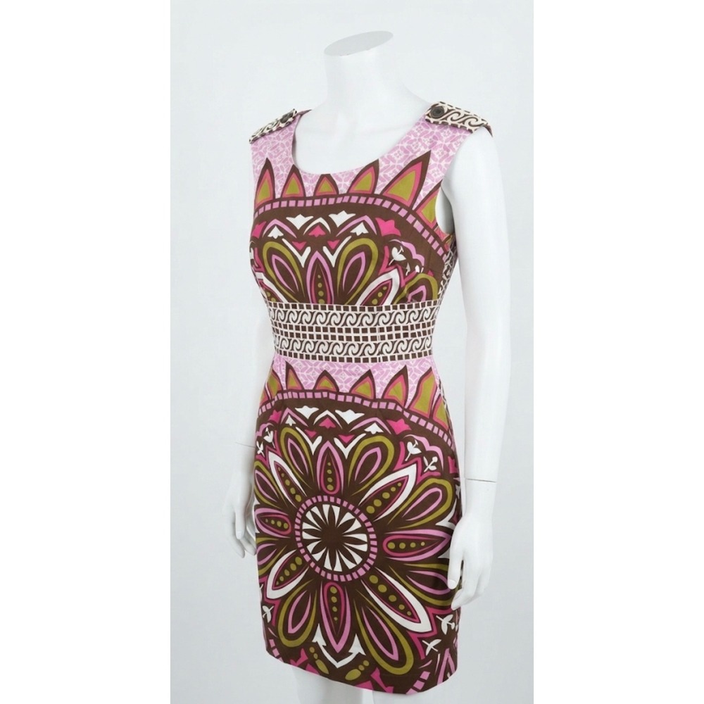 Y2K Nicole Miller Pink Brown Geometric Floral Sheath Dress 10 Sleeveless‎ Retro